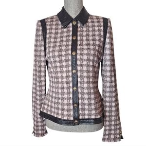 St. John Vintage Tweed Blazer Jacket Women's Size 8 Checkered Knit Leather Trim